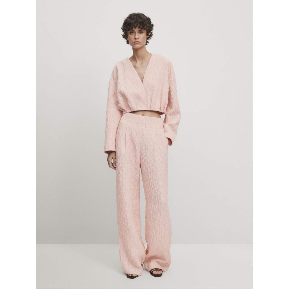 NEW Massimo Dutti Women's Pink Wide-Leg Textured Pants XS Casual‎ NWT